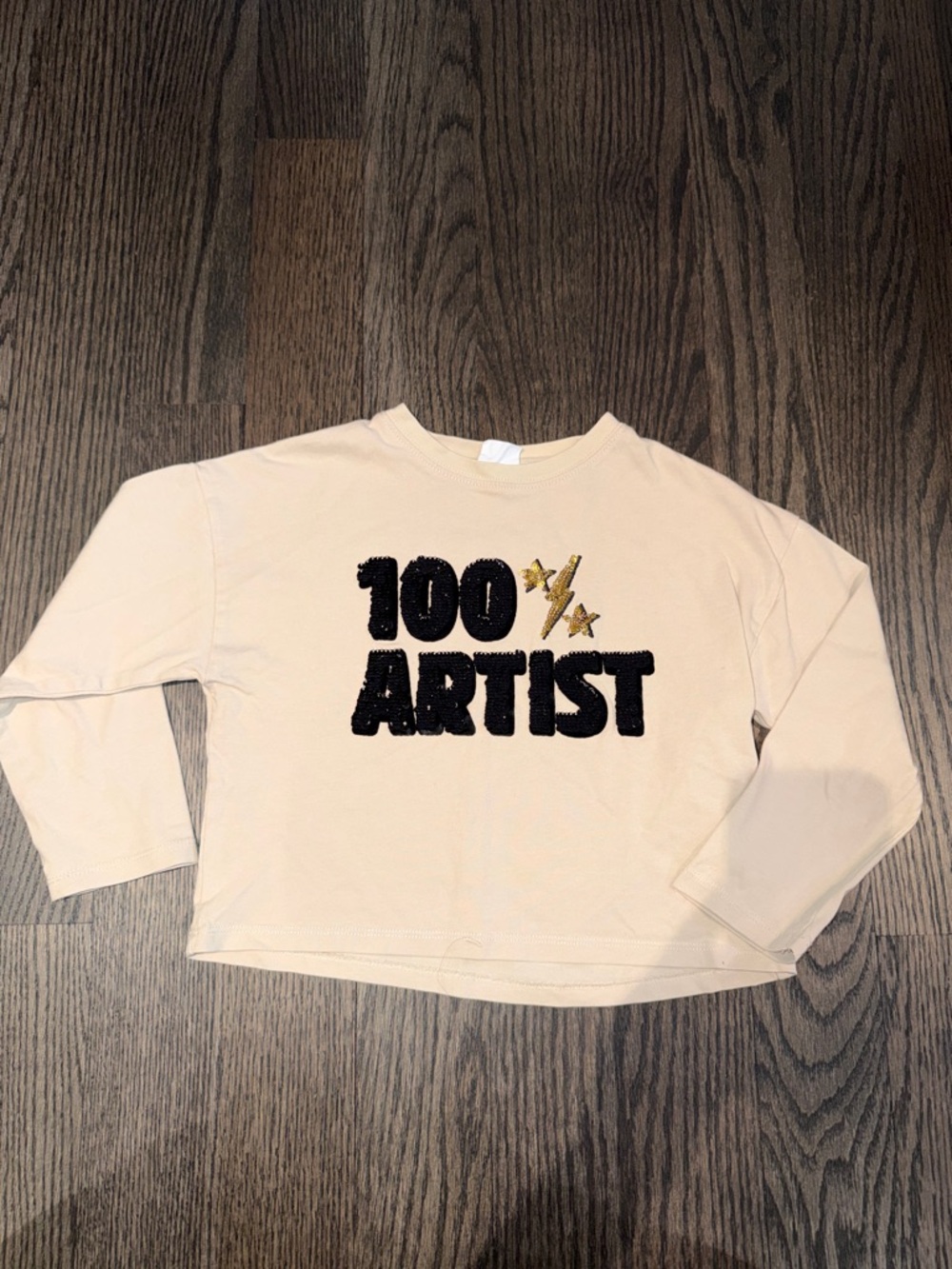 Zara Beige Top with Silver, Black & Gold Sequin "100 ARTIST" - kids size 7